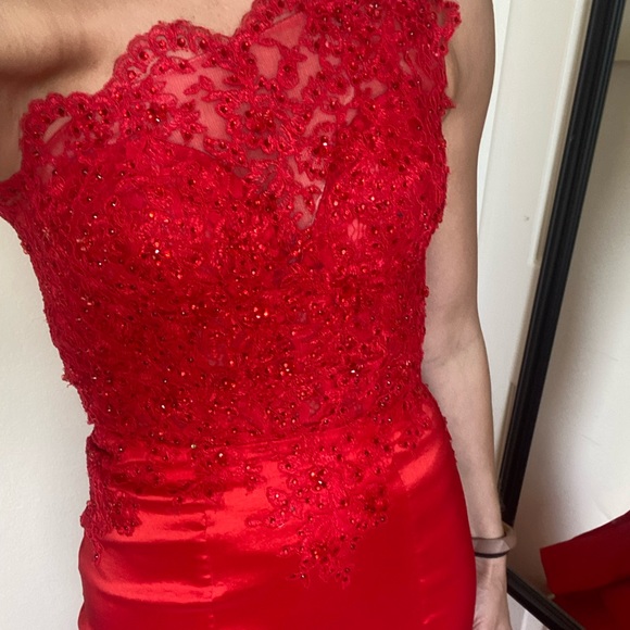 Mori Lee rhinestone beaded lace one shoulder formal prom mermaid dress gown. - Picture 6 of 9